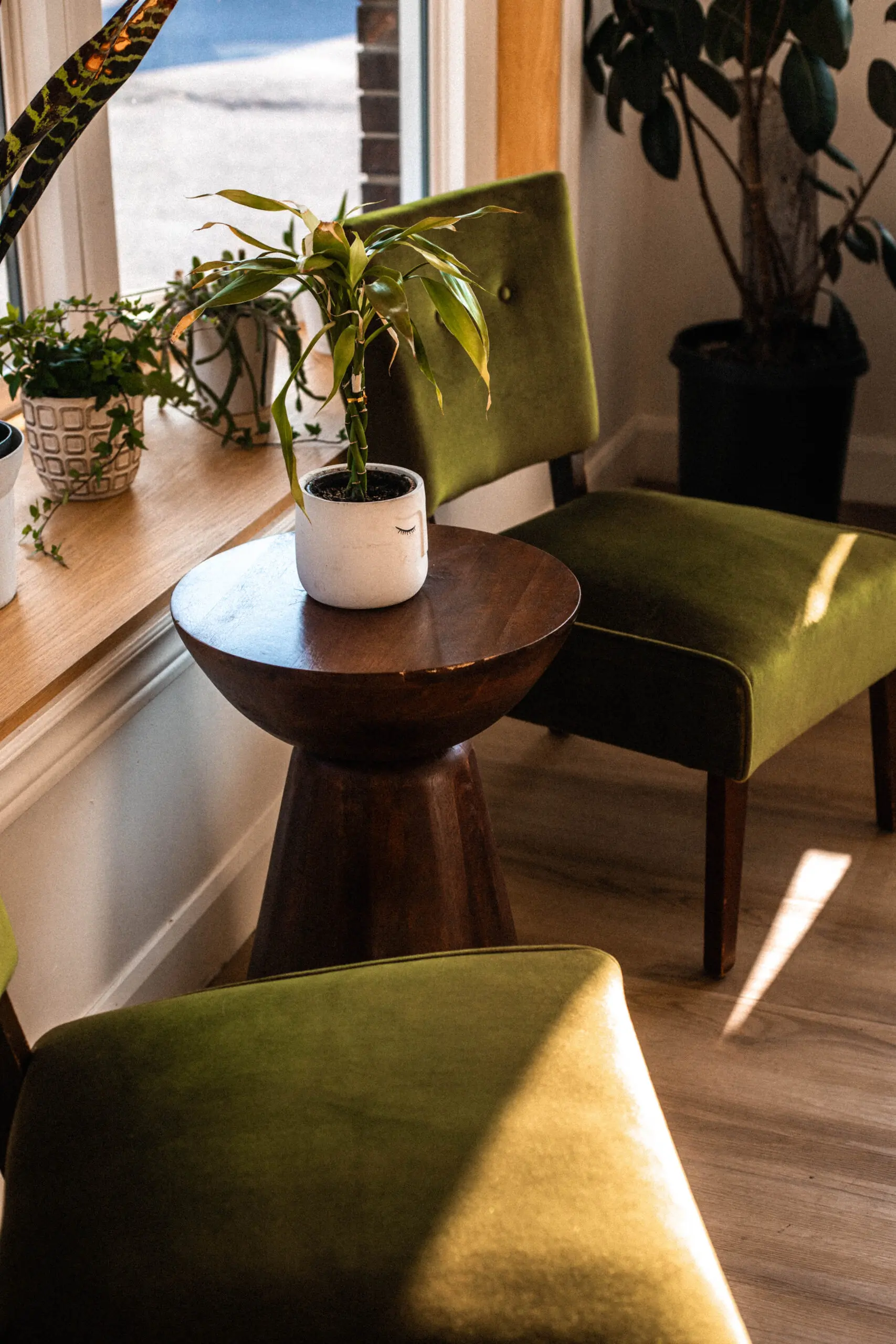 waiting-area-the-beauty-concept Waiting are with two green chairs and a round walnut-wood table