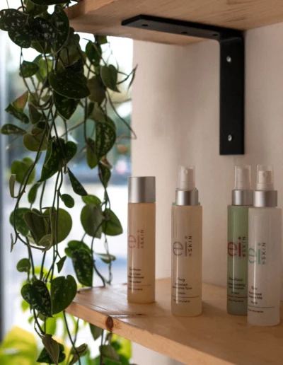 Skincare pictured in foreground on counter with hanging plant