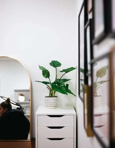 Narrow room with mirror, white storage unit and wall decor