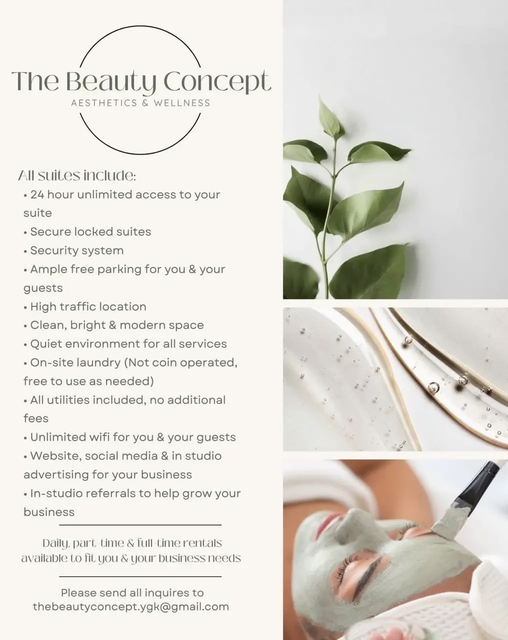 esthetics-suite-rental-info Pamphlet detailing suite amenities with decorative spa images
