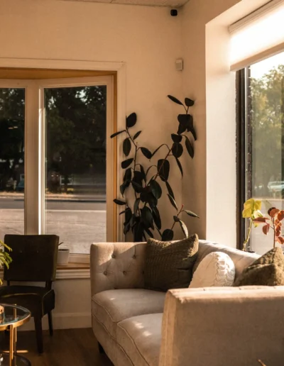 Room bathed in sunlight with a sofa and chair beneath large windows.